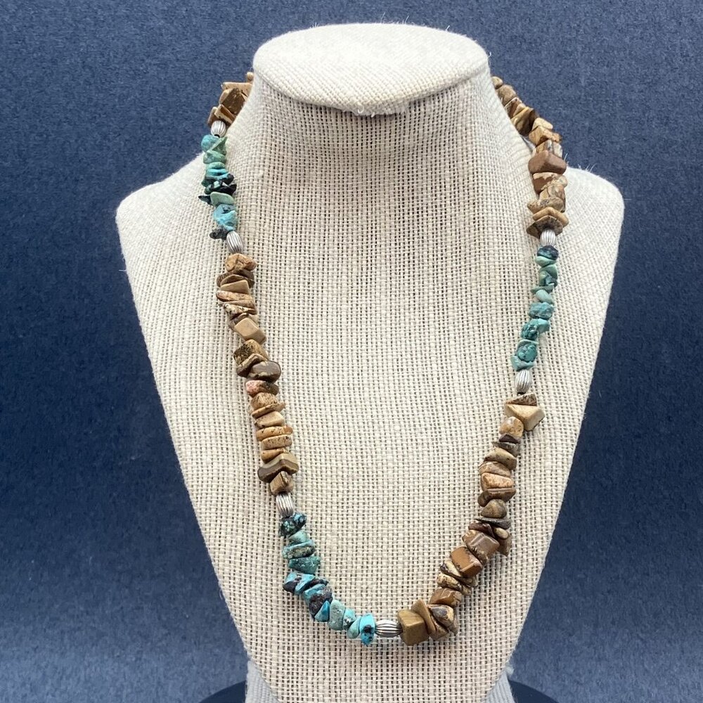 Turquoise Agate Bohemian Necklace 20 In Stone Chip Beads Silver Beach Cottage